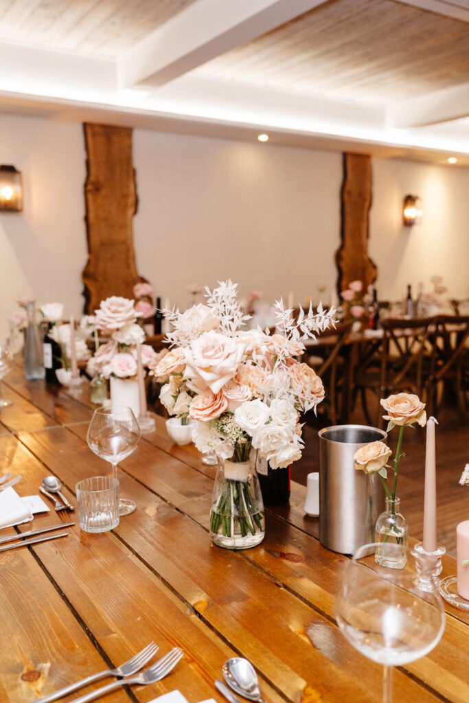 wedding breakfast room with long trestle tables at wild thyme and honey